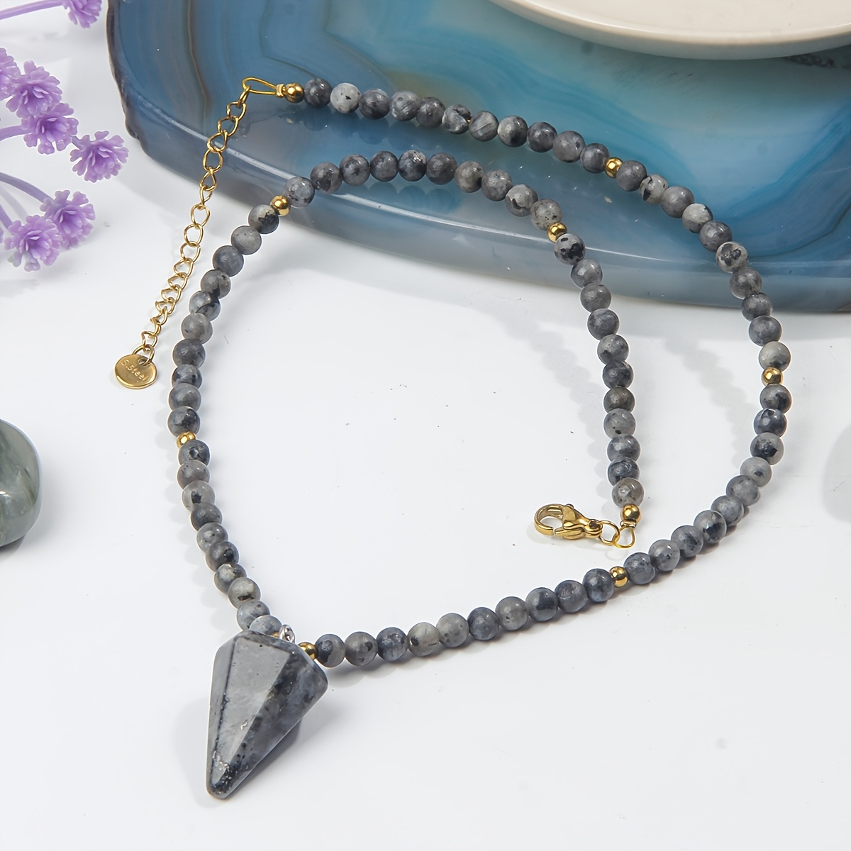 Natural Gray Labradorite Beaded Necklace with Cone Pendant